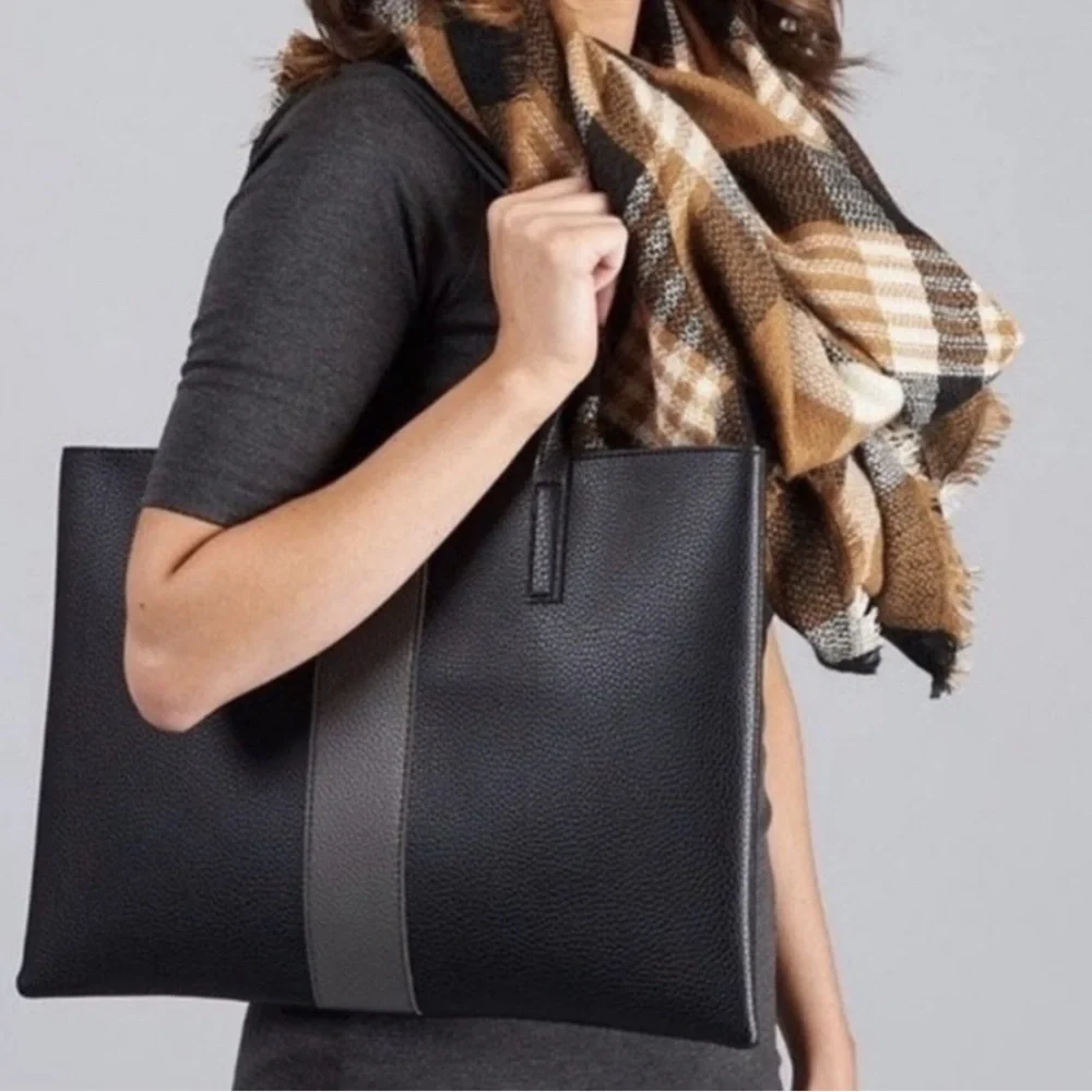 Vince Camuto Black Pebbled Faux Leather Tote Bag